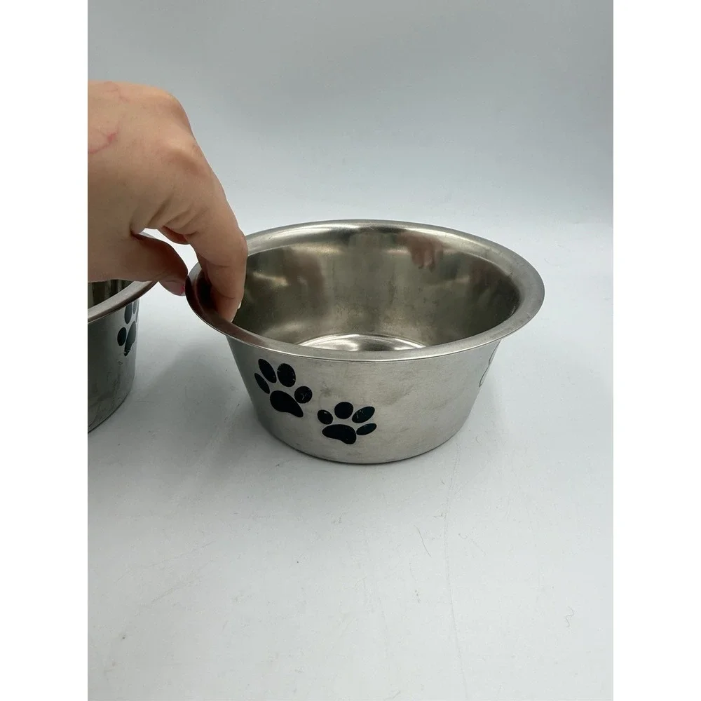 Lot Of 2 Paw & Bone Print Stainless Steel Dog Bowl Non-Skid